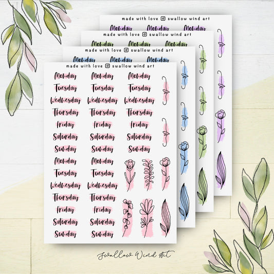 Day of the Week Stickers - Weekly Planner Stickers Sheets - Swallow Wind Art