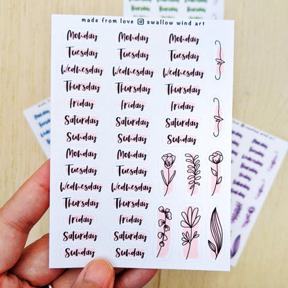 Day of the Week Stickers - Weekly Planner Stickers Sheets - Swallow Wind Art