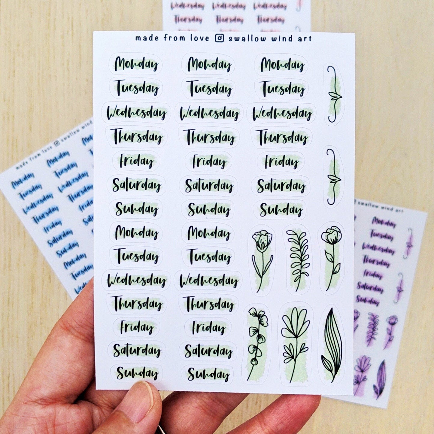 Day of the Week Stickers - Weekly Planner Stickers Sheets - Swallow Wind Art