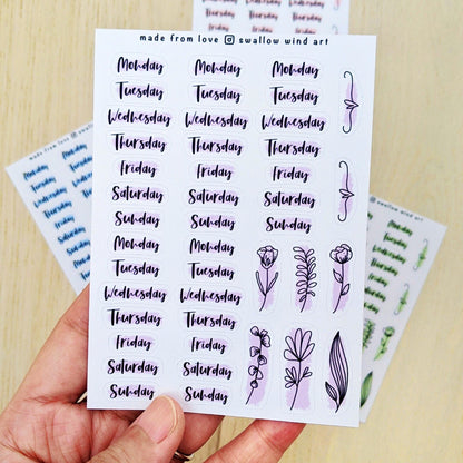 Day of the Week Stickers - Weekly Planner Stickers Sheets - Swallow Wind Art