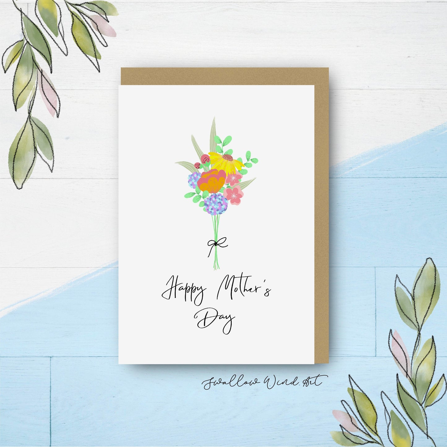 Mother's Day Card | Happy Mother's Day Flower Bouquet | Add Personalised Message - Swallow Wind Art