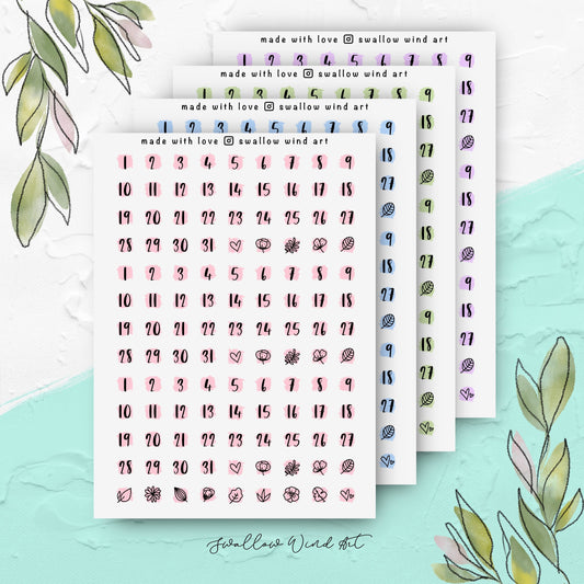 Date Dot Journal Stickers - Monthly Dates Sticker Sheets - Swallow Wind Art