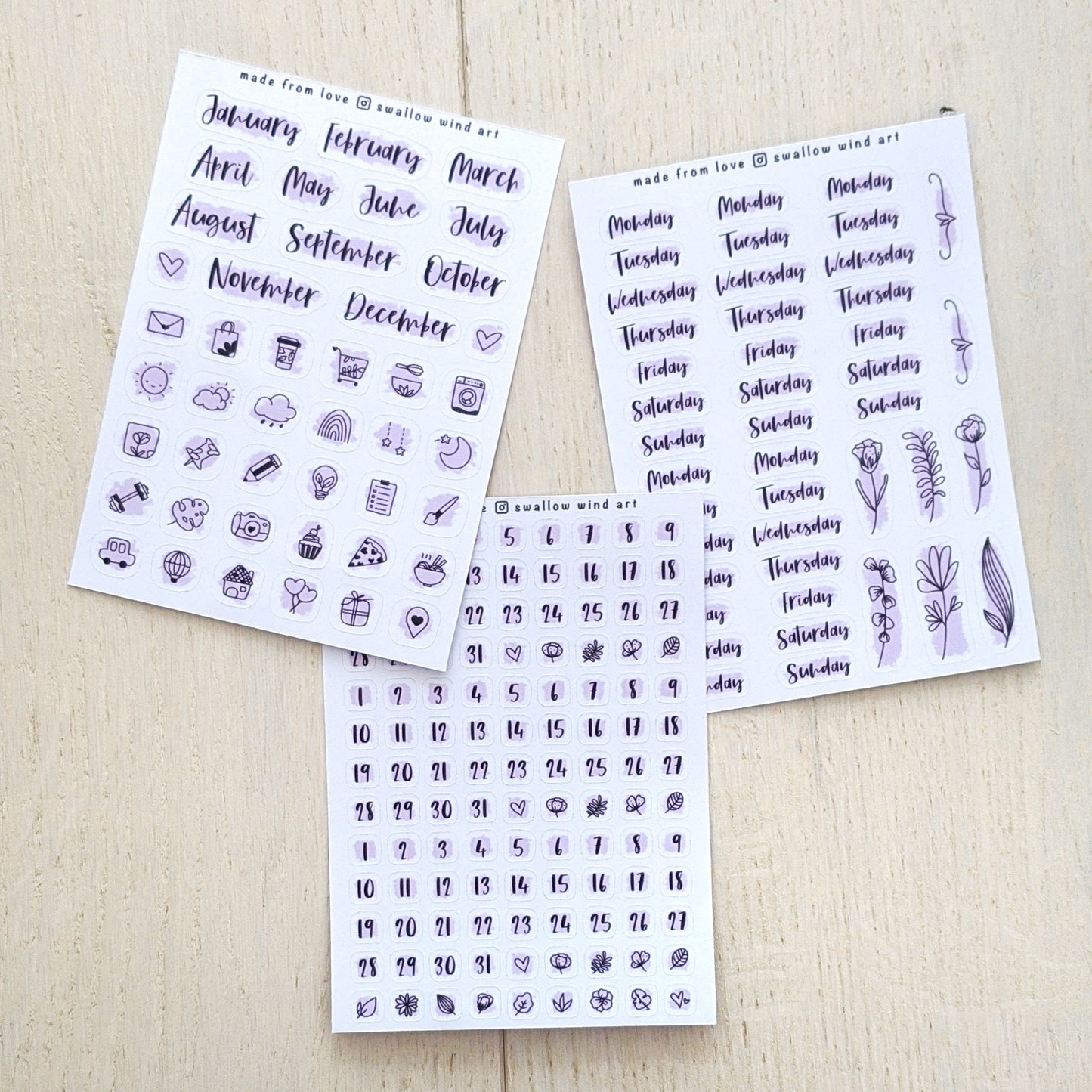 Month, Week & Date Planner Stickers - Set of 3 Planner Sticker Sheets - Swallow Wind Art