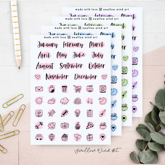 Month Script Stickers | Month of the Year & Mixed Icon Planner Stickers - Swallow Wind Art