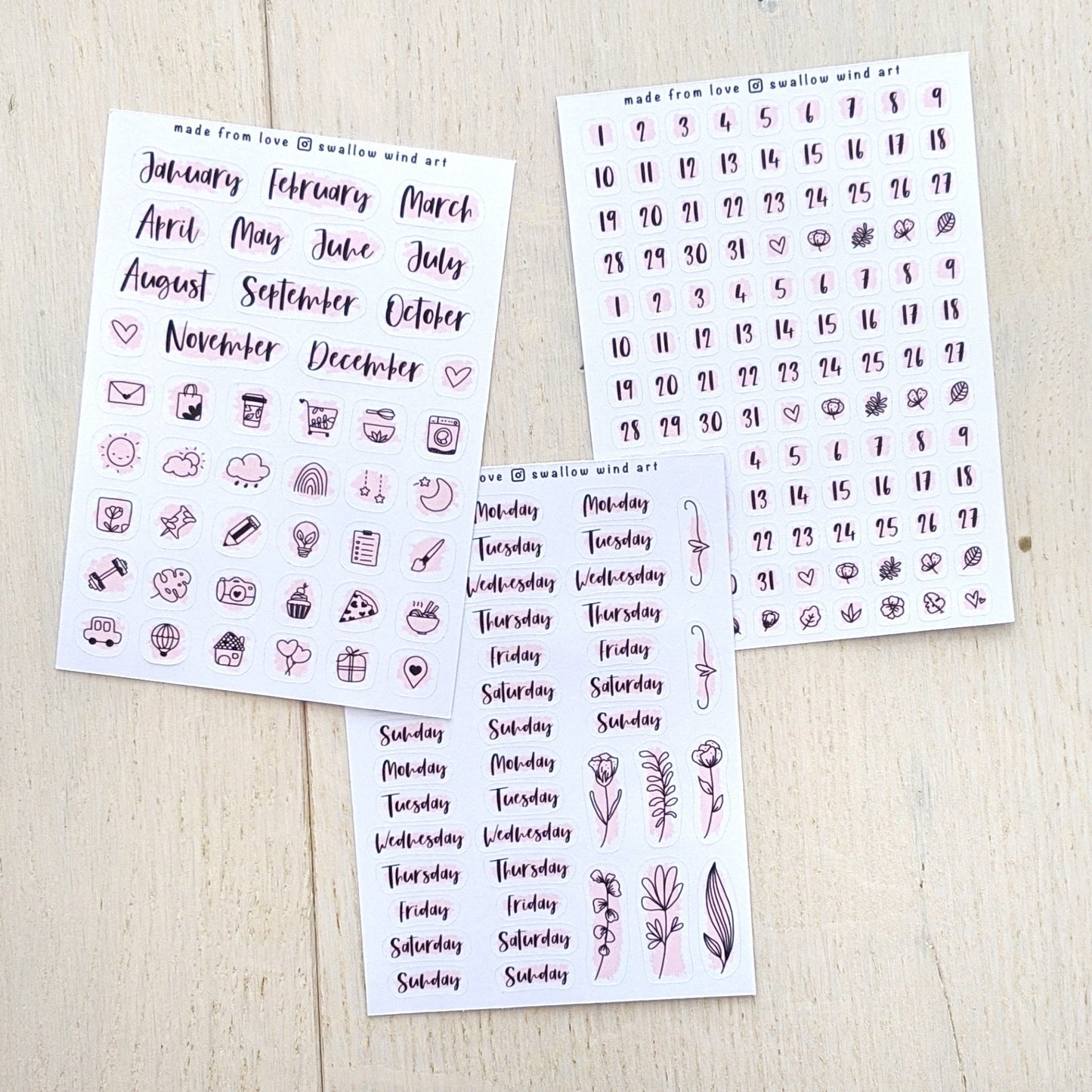 Month, Week & Date Planner Stickers - Set of 3 Planner Sticker Sheets - Swallow Wind Art