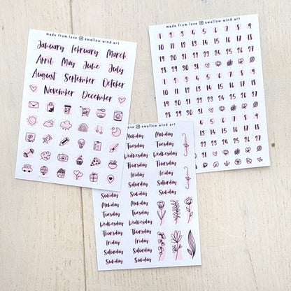 Month, Week & Date Planner Stickers - Set of 3 Planner Sticker Sheets - Swallow Wind Art