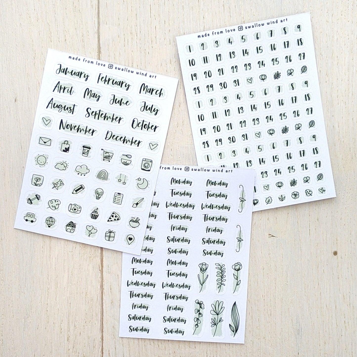 Month, Week & Date Planner Stickers - Set of 3 Planner Sticker Sheets - Swallow Wind Art