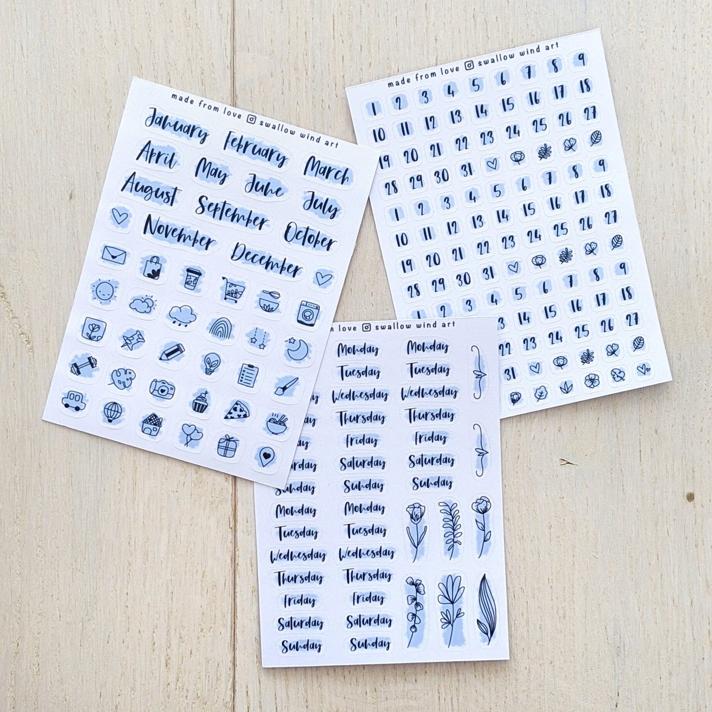 Month, Week & Date Planner Stickers - Set of 3 Planner Sticker Sheets - Swallow Wind Art