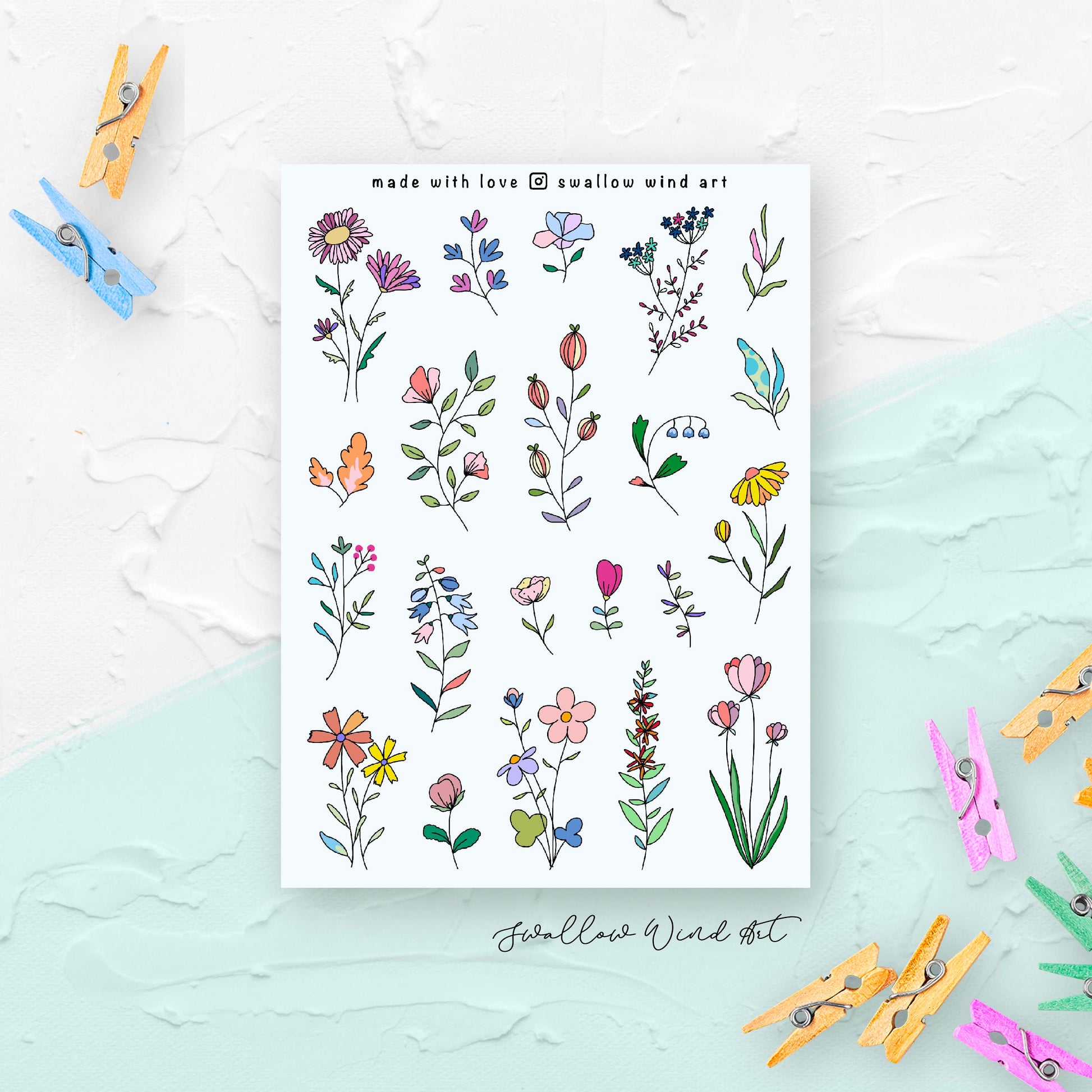 Floral Journal Stickers - Wildflowers & Leaves Sticker Sheets - Swallow Wind Art