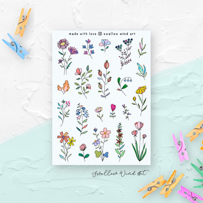 Floral Journal Stickers - Wildflowers & Leaves Sticker Sheets - Swallow Wind Art