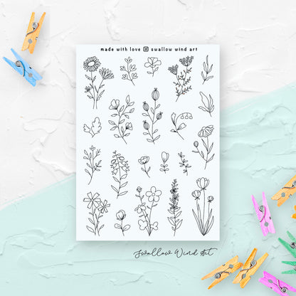 Floral Journal Stickers - Wildflowers & Leaves Sticker Sheets - Swallow Wind Art