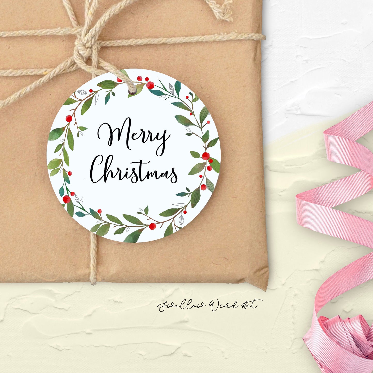 Personalised Christmas Gift Tag | Merry Christmas Wreath Gift Tag - Swallow Wind Art