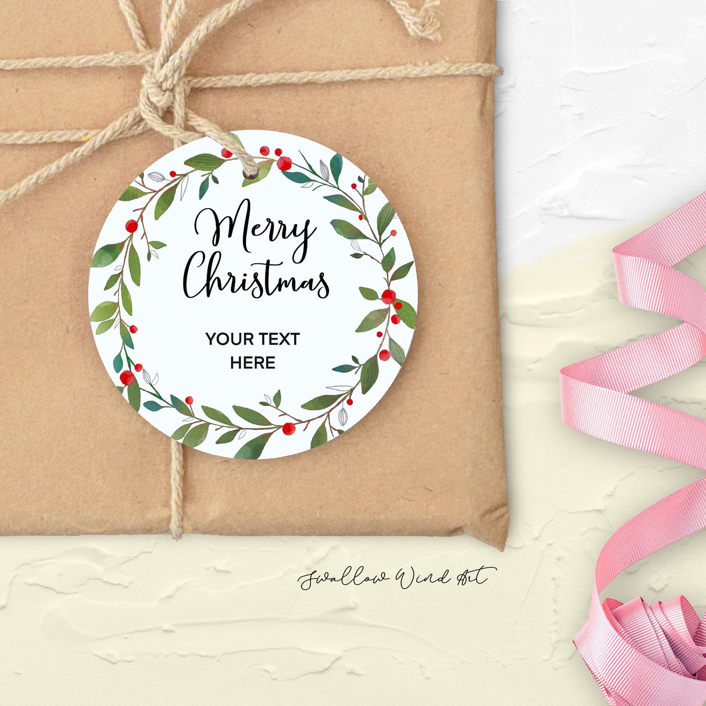 Personalised Christmas Gift Tag | Merry Christmas Wreath Gift Tag - Swallow Wind Art