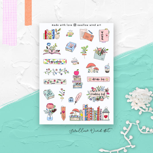 Flowers & Books Bullet Journal Stickers - Swallow Wind Art