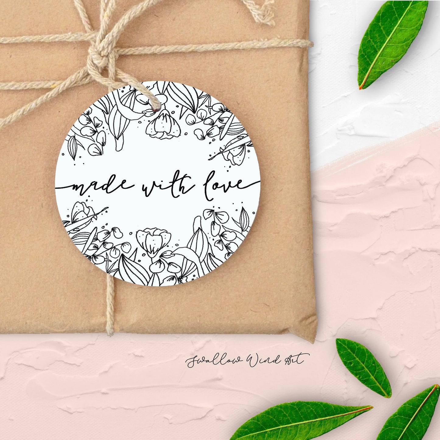 Personalised Made with Love Round Floral Gift Tag - Swallow Wind Art