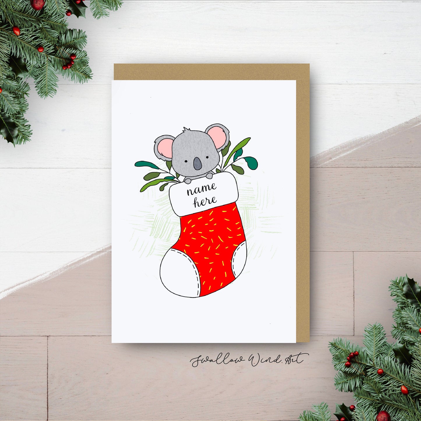 Koala in Santa Sock - Personalised Christmas Card - Swallow Wind Art