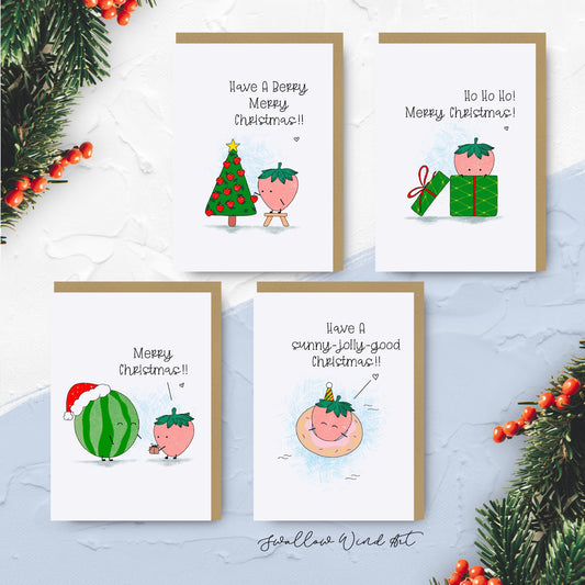 Cute Summer Themed Christmas Cards - 4 Pack - Swallow Wind Art