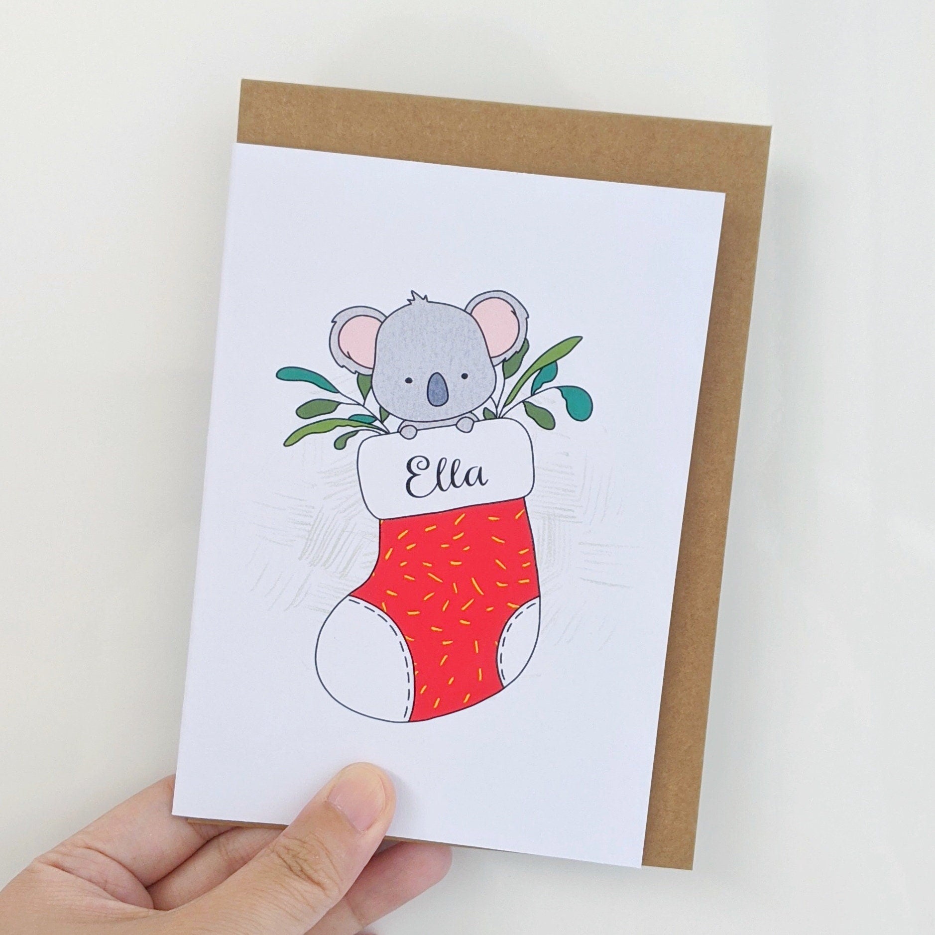 Koala in Santa Sock - Personalised Christmas Card - Swallow Wind Art