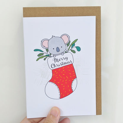 Koala in Santa Sock - Personalised Christmas Card - Swallow Wind Art