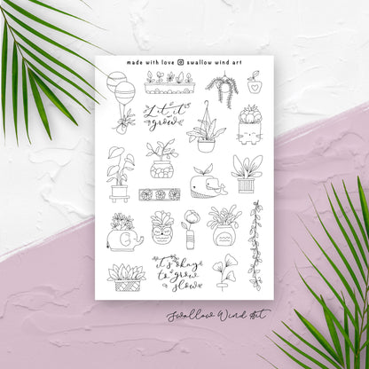 Potted Plants, Botanical Planner Notebook Stickers Sheet - Swallow Wind Art