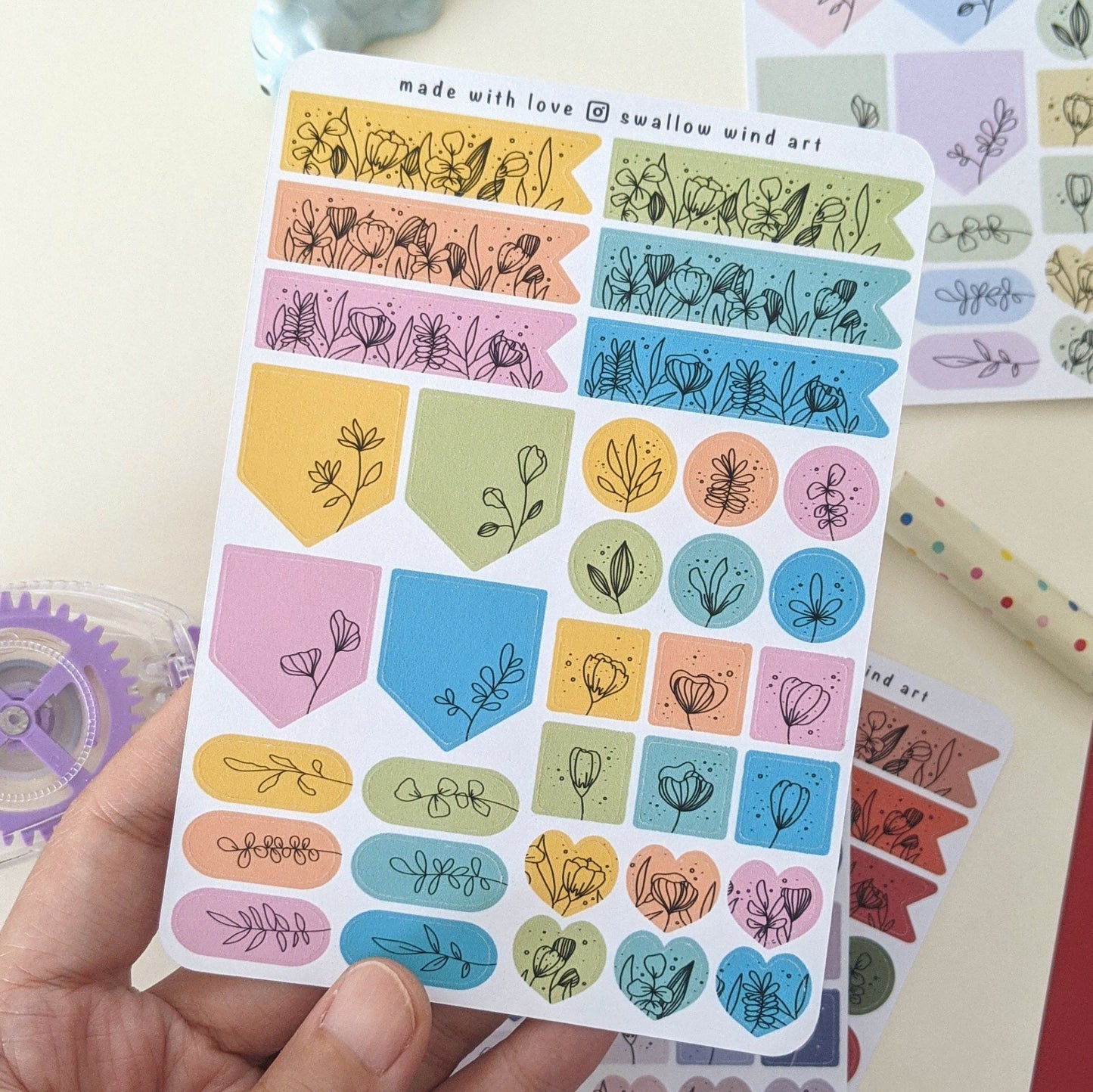 Flag Dot Square Heart 4 Season Floral Bullet Journal Sticker Sheets - Swallow Wind Art