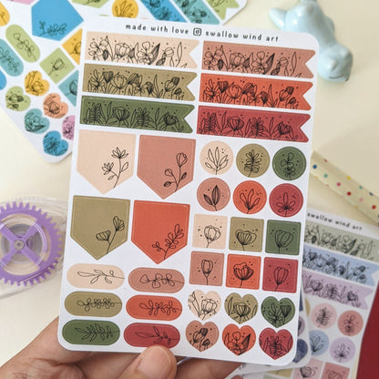 Flag Dot Square Heart 4 Season Floral Bullet Journal Sticker Sheets - Swallow Wind Art