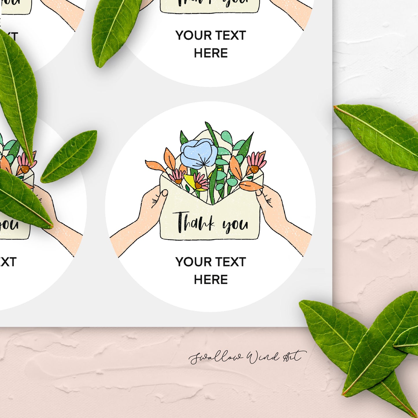 Personalised Flower Round Wedding Thank You Stickers - Swallow Wind Art