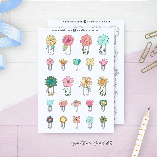 Floral Paperclip Journal Stickers, Flower Aesthetic Planner Stickers - Swallow Wind Art