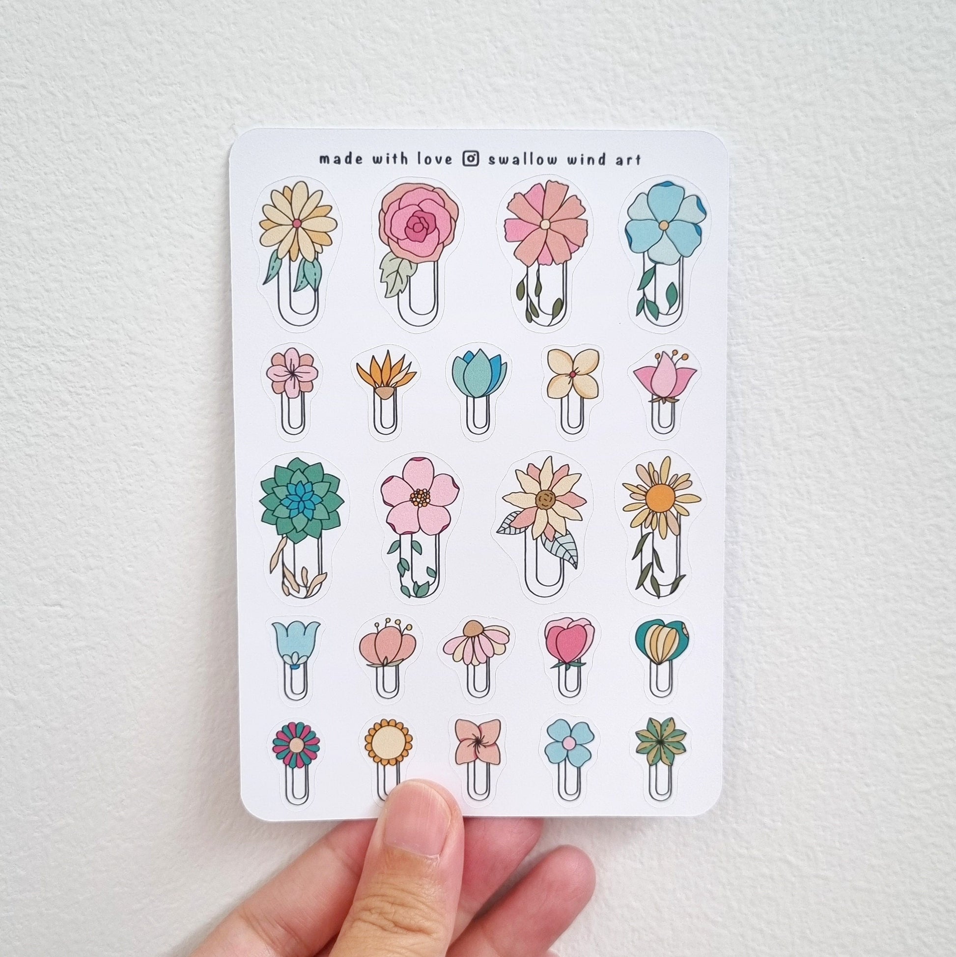 Floral Paperclip Journal Stickers, Flower Aesthetic Planner Stickers - Swallow Wind Art