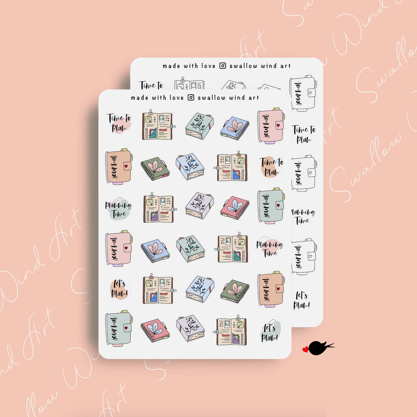 Books & Flowers Aesthetic Planner Stickers, Planning Time Journal Stickers - Swallow Wind Art